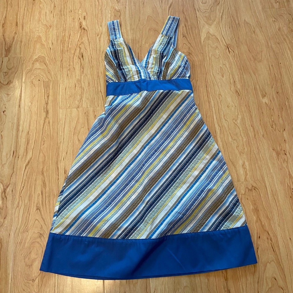 Patagonia Womens 4 Striped A-Line Sundress Blue Yellow Organic Cotton V-Neck